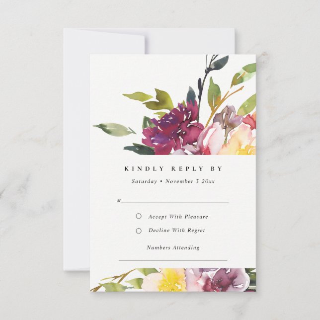 YELLOW BLUSH BURGUNDY FLORAL BUNCH WEDDING RSVP (Frente)