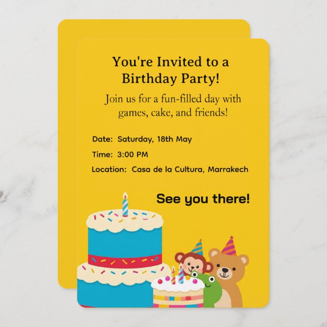  Yellow Childish Birthday Invitation Card – Fun Ki (Frente/Verso)