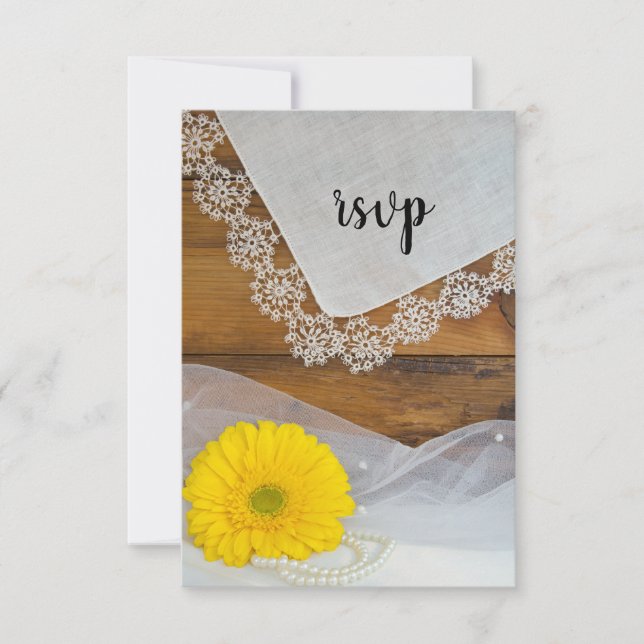 Yellow Daisy and Lace Country Barn Weding RSVP (Frente)