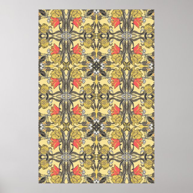Yellow e Coral Tulips Art Nouveau Design Poster (Frente)