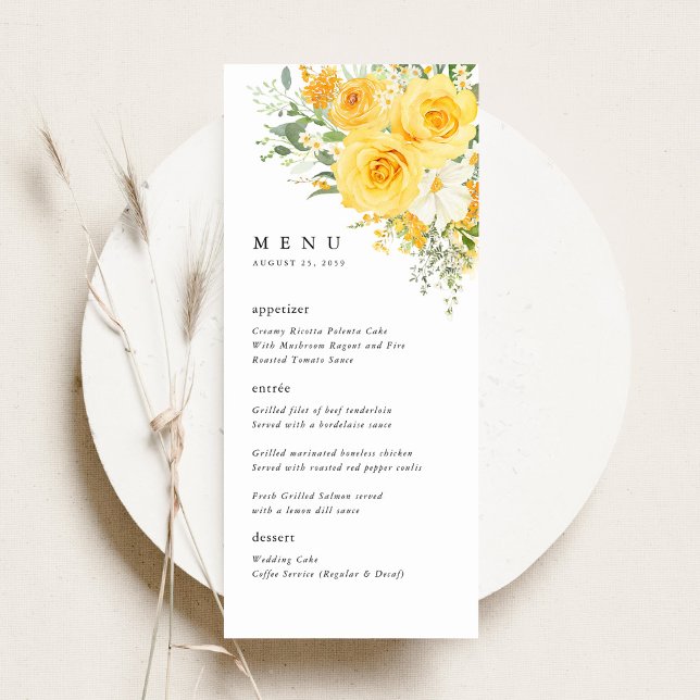 Yellow Floral Rose Wedding Reception Dinner Menu  (Yellow rose wedding menu card, watercolor floral wedding menu elegant romantic reception dinner menu)