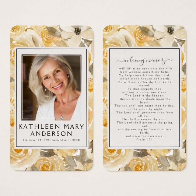 Yellow Florals Photo Funeral Memorial Prayer Card (Frente & Verso)
