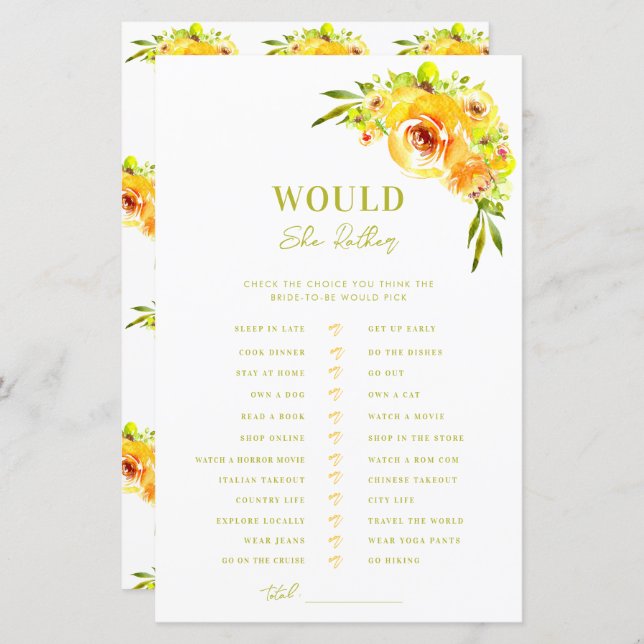 Yellow Green Bridal Shower Would She Rather Game (Frente/Verso)