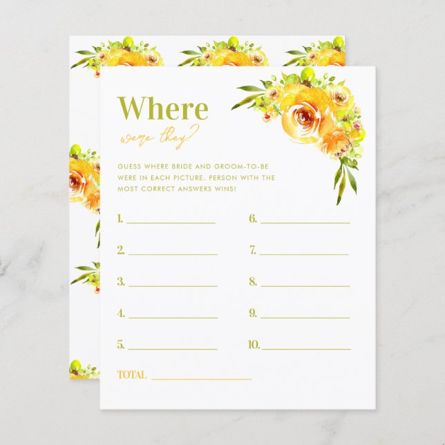 Yellow Green Where Were They Bridal Shower Game (Frente/Verso)