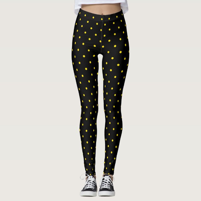 Yellow Polka Dot on Black Leggings (Frente)
