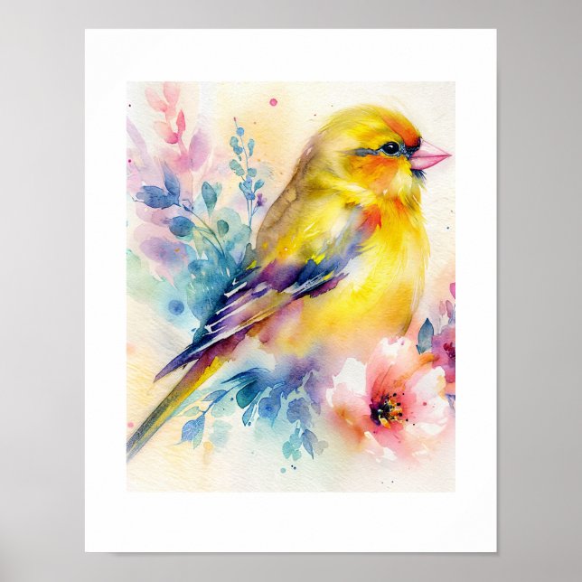 Yellow Songbird Floral Watercolor Poster  (Frente)