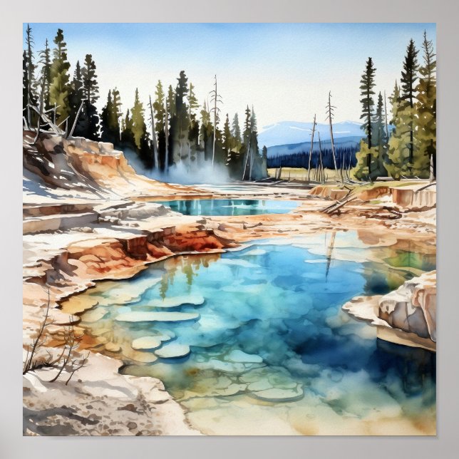 Yellowstone National Park Watercolor Art Impressão (Frente)