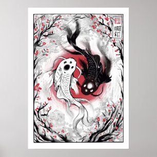 Yin yang koi fishes poster japonês