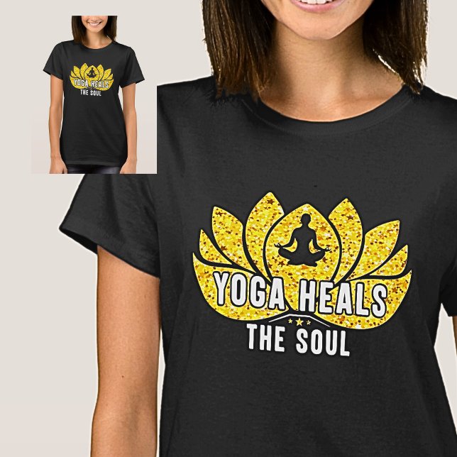 Yoga cura a alma Dourada na camiseta negra (Criador carregado)