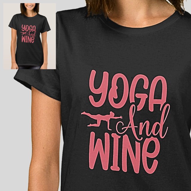 Yoga e vinho cor-de-rosa na camiseta preta (Criador carregado)