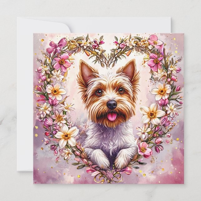 Yorkie adorável cercado por Floral Wreath (Frente)