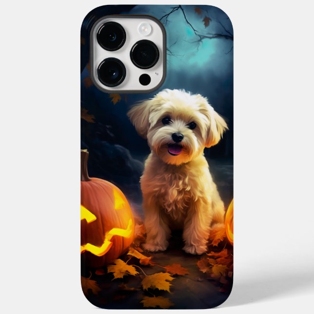 Yorkipoo do Halloween Com Pumpkins Assustado (Verso)