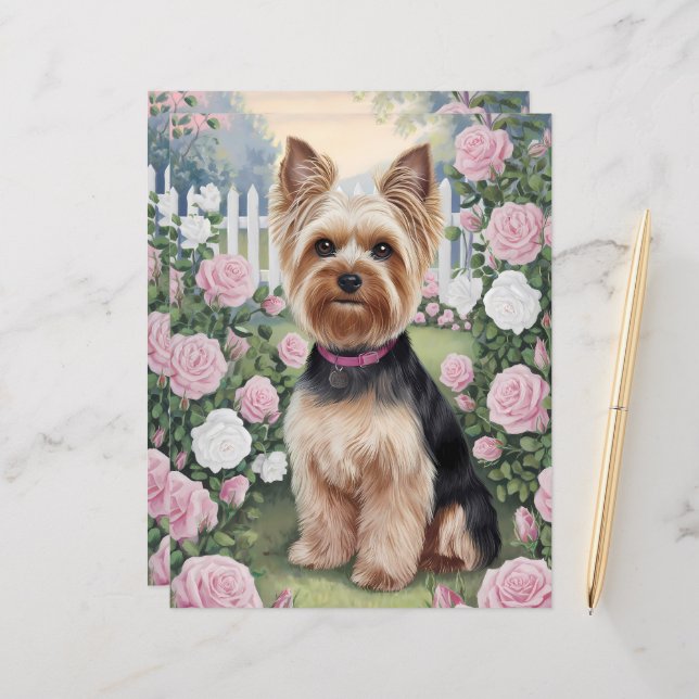 Yorkshire Terrier Rosa Garden Art Paper (Frente/Verso In Situ)