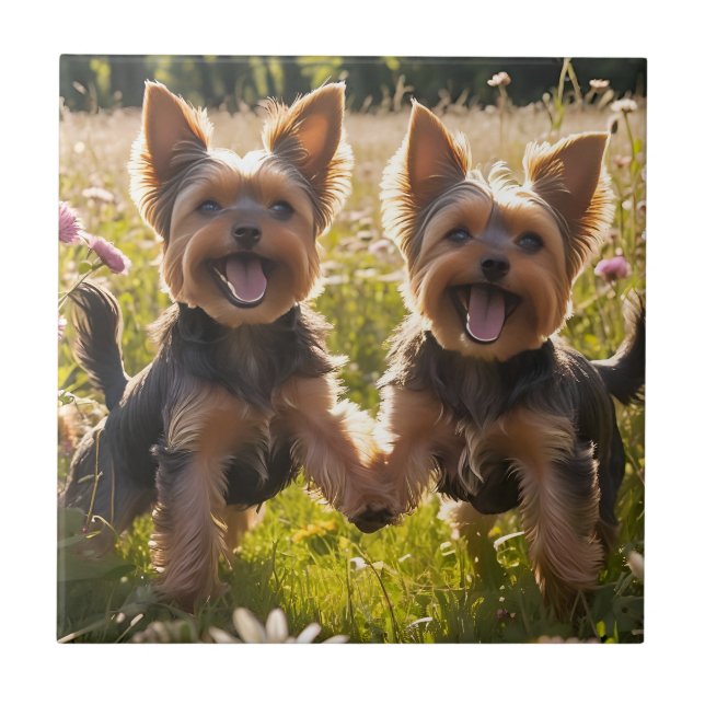 Yorkshire Terriers jogando na grama (Frente)