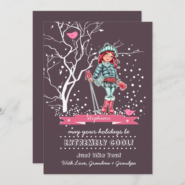 Young Girl Skier | Cartões de Natal de Nome Person (Frente/Verso)