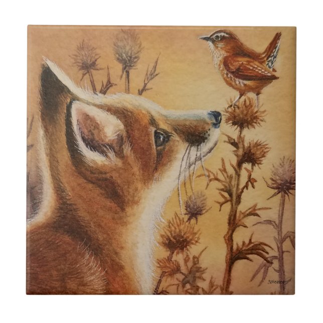 Young Red Fox Carolina Wren Bird Watercolor Art (Frente)