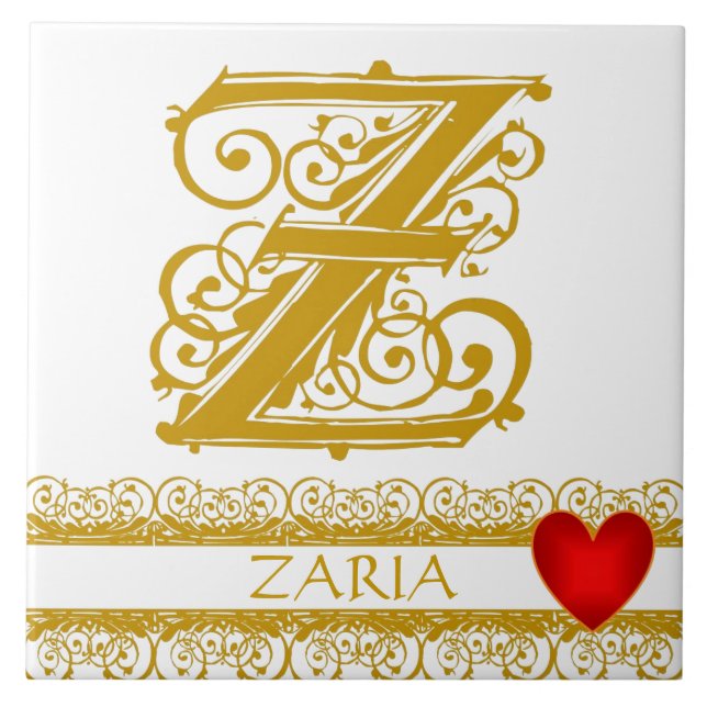 Z Monograma Nome Dourado Lace Red Heart Azulejo (Frente)