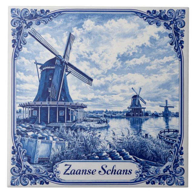 Zaanse Schans Delft Blue style ceramic tile (Frente)