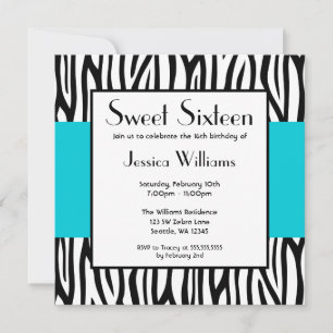 Zebra Azul Teal Modern Sweet 16 Convites
