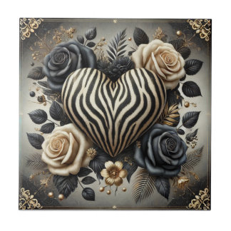 Zebra Heart & Rose Glam Ceramic Tile