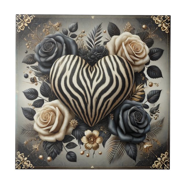 Zebra Heart & Rose Glam Ceramic Tile (Frente)