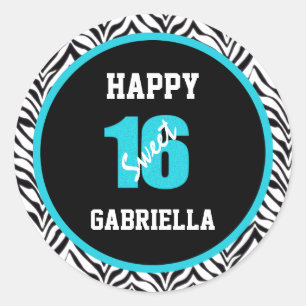 Zebra Negra e Azul Personalizada Doces 16 Adesivos