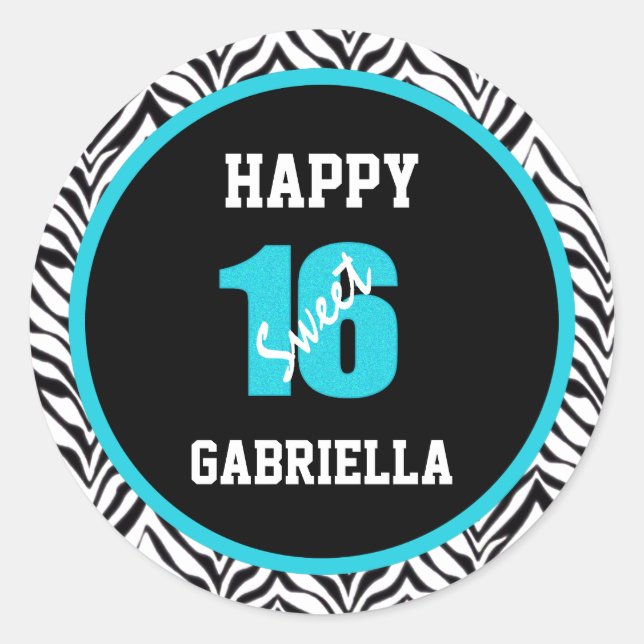 Zebra Negra e Azul Personalizada Doces 16 Adesivos (Frente)