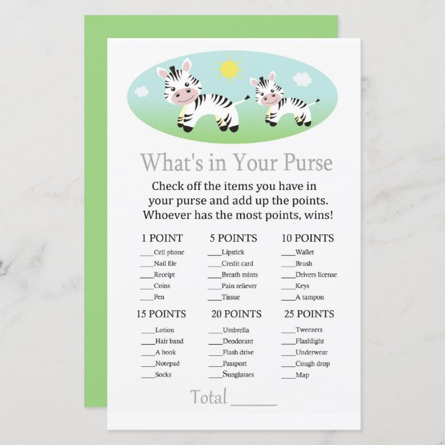 Zebra O que há no seu chá de fraldas de jogo (Frente/Verso)