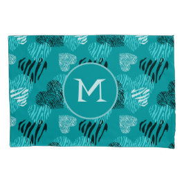 Zebra Print Hearts Teal White Monograma