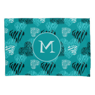 Zebra Print Hearts Teal White Monograma