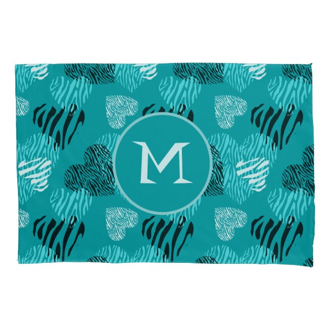 Zebra Print Hearts Teal White Monograma (Frente)