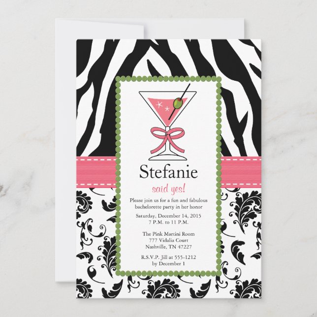 Zebra Print Pink Martini Bachelorette Convites (Frente)