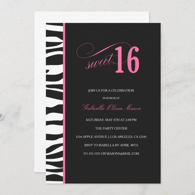 Zebra Print Sweet 16 Convite de festas (Frente/Verso)