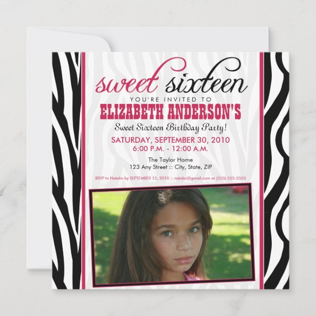 Zebra Print Sweet 16 Convite de festas (rosa quent (Frente)