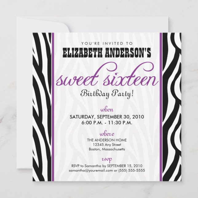 Zebra Print Sweet 16 Convite de festas (roxo) (Frente)