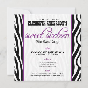 Zebra Print Sweet 16 Convite de festas (roxo)
