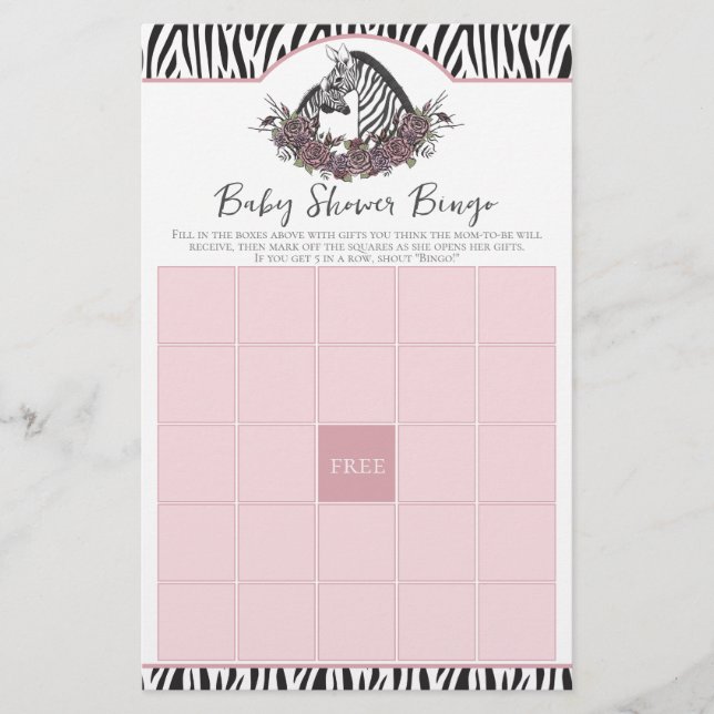 Zebra Safari Baby Shower Bingo Game (Frente)