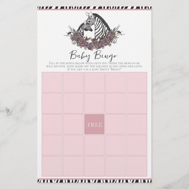 Zebra Safari Baby Shower Bingo Game (Frente)
