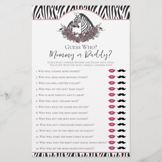 Zebra Safari Mommy or Daddy Baby Shower Game (Frente)