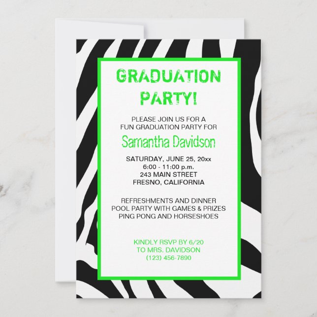 Zebra Stripe Festa de formatura Convite Verde (Frente)