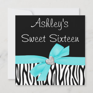 Zebra Teal Blue Diamond Sweet 16 Convites