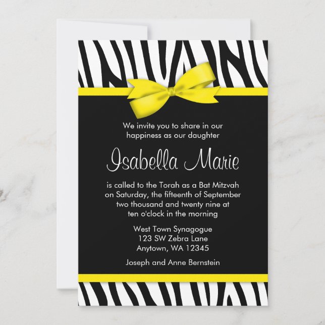 Zebra Yellow Impressa Arco Bat Mitzvah Convites (Frente)