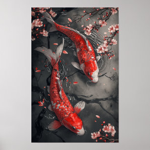 Zen Koi Fish e Cherry Blossoms Poster
