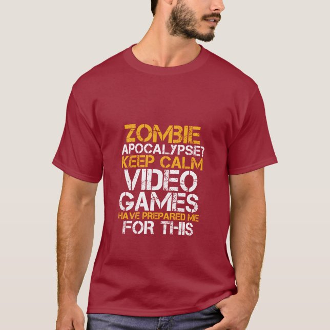 Zombie Apocalypse Gamers Mantêm Calma Camiseta Eng (Frente)