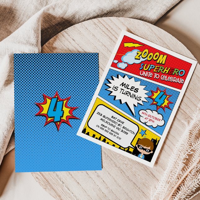 Zoom Comic Super Herói 4º Convite de Aniversário (Boys Superhero 4th Birthday Invitation, Comic Superhero Fourth Birthday Invitation Brown Hair Hero)